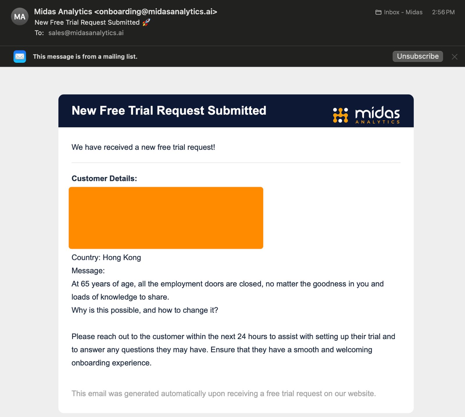 A real inbound to Midas Analytics from a HK finance professional